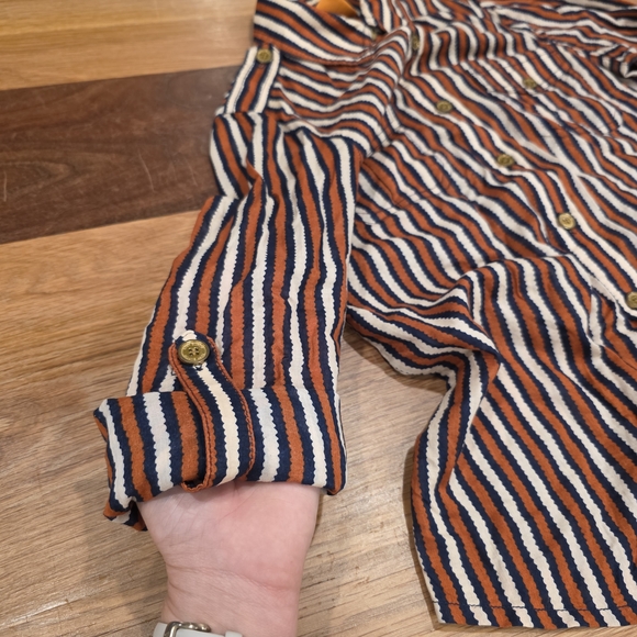 Tory Burch Button Down Dress Shirt Long Sleeve Stripe Blue Cream Orange Size 6 - Picture 6 of 11